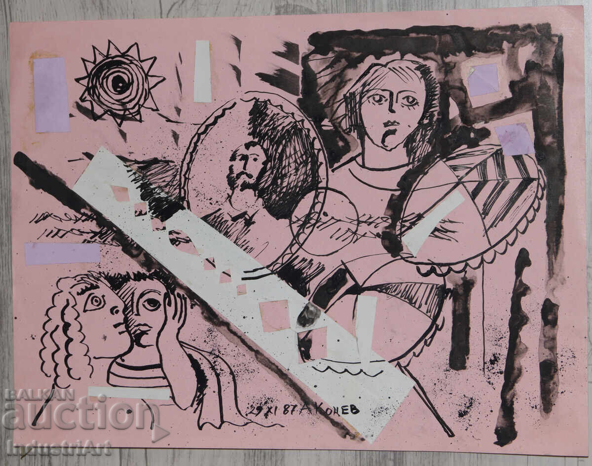 Картина туш абстрактна композиция 1987г. с цена 100.00 лв. | € 51.13 Картина туш абстрактна композиция 1987г. с цена 100.00 лв. | € 51.13