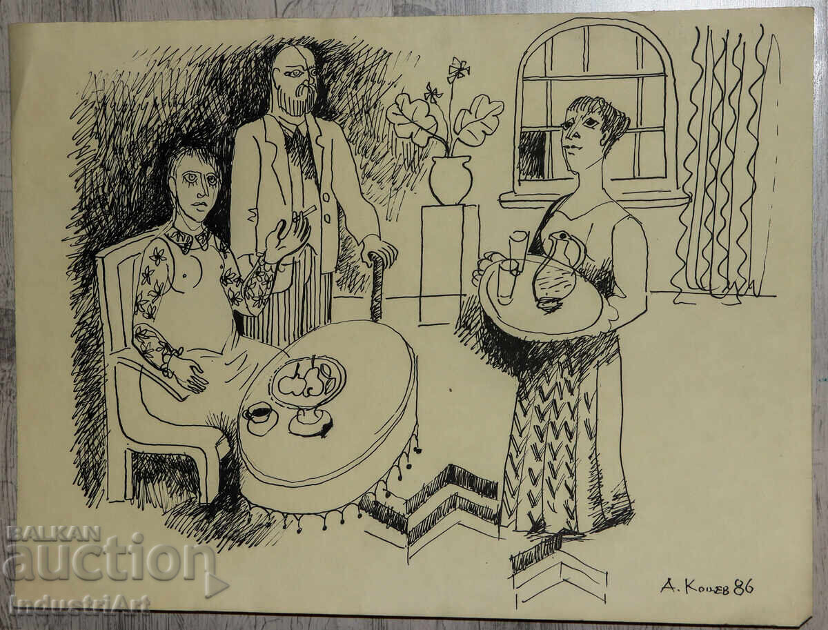 Картина туш абстрактна фигурална композиция 1986г. с цена 140.00 лв. | € 71.58