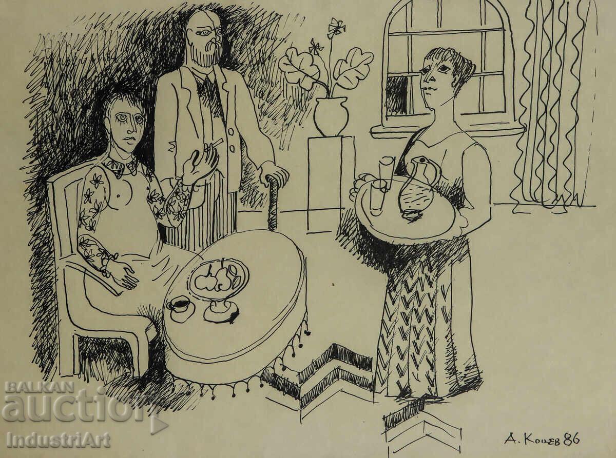 Аукцион Картина туш абстрактна фигурална композиция 1986г.