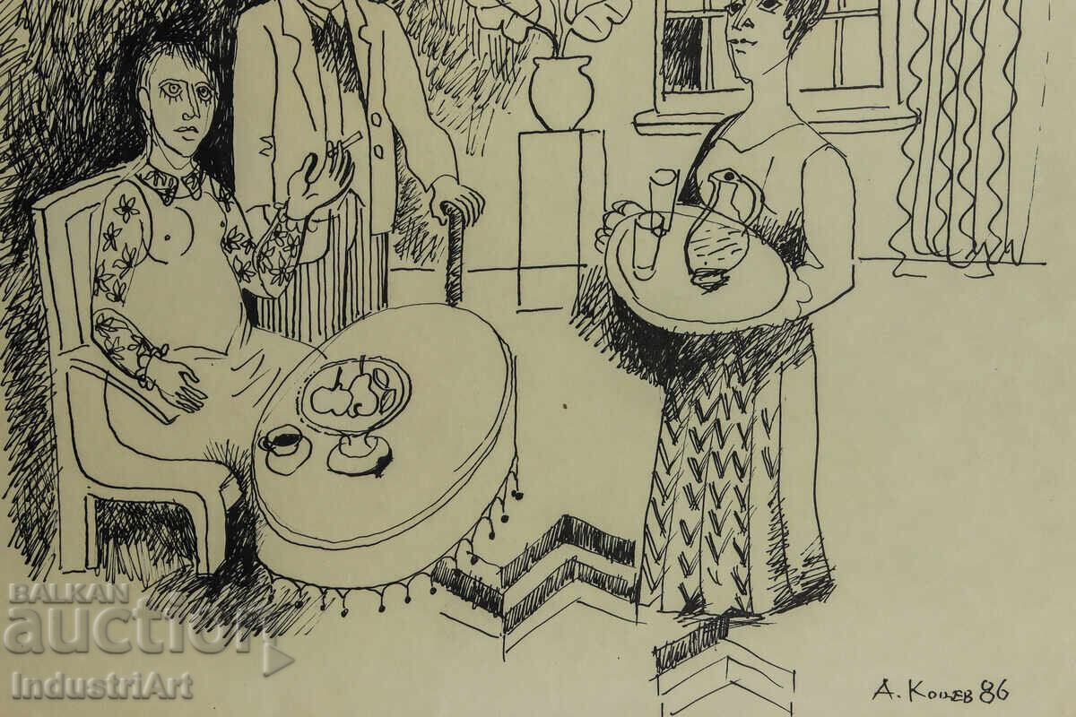 Картина туш абстрактна фигурална композиция 1986г. - 5