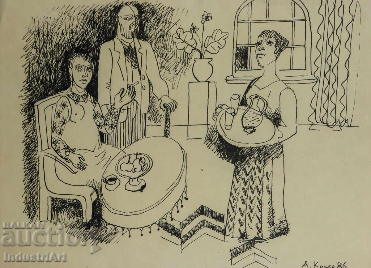 Картина туш абстрактна фигурална композиция 1986г.