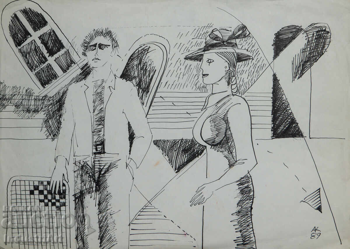 Πίνακας με μελάνι, αφηρημένη φιγural σύνθεση, 1989