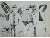 Картина туш абстрактна фигурална композиция 1989 г.