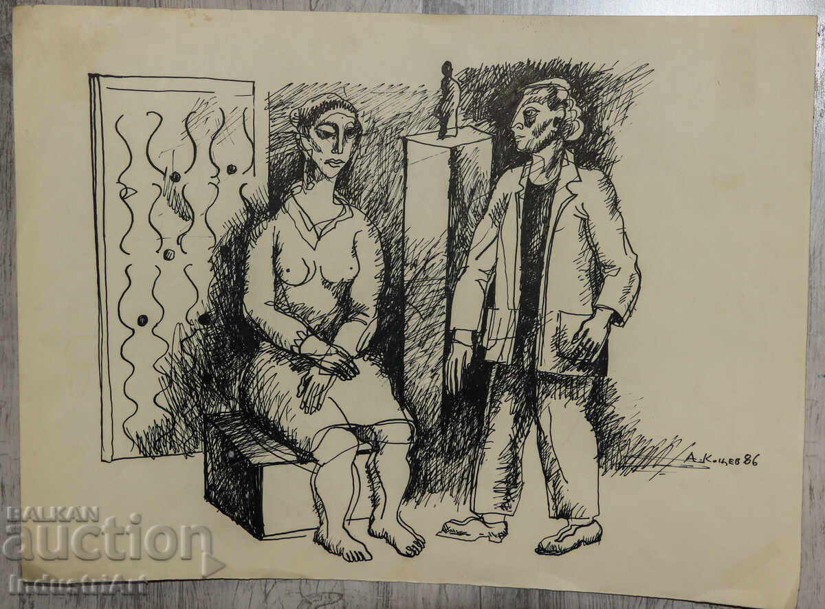 Картина туш абстрактна фигурална композиция 1986 г. с цена 140.00 лв. | € 71.58 Картина туш абстрактна фигурална композиция 1986 г. с цена 140.00 лв. | € 71.58