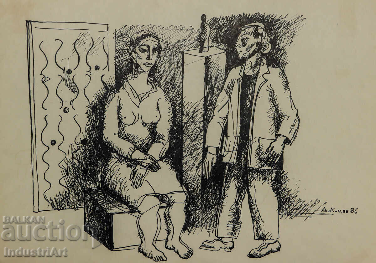 Аукцион Картина туш абстрактна фигурална композиция 1986 г. Аукцион Картина туш абстрактна фигурална композиция 1986 г.