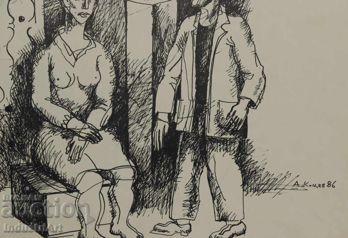 Картина туш абстрактна фигурална композиция 1986 г. - 5 Картина туш абстрактна фигурална композиция 1986 г. - 5