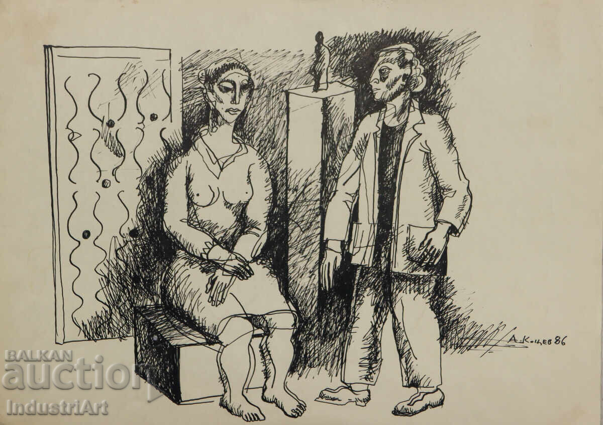 Картина туш абстрактна фигурална композиция 1986 г. Картина туш абстрактна фигурална композиция 1986 г.