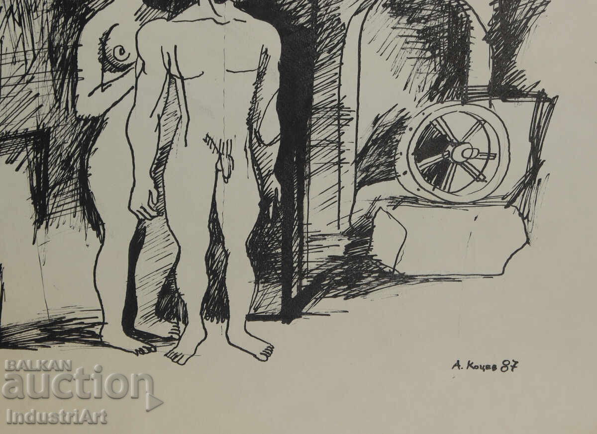 Πίνακας με μελάνι, αφηρημένη εικαστική σύνθεση γυμνών σωμάτων, 1987 - 5 Πίνακας με μελάνι, αφηρημένη εικαστική σύνθεση γυμνών σωμάτων, 1987 - 5