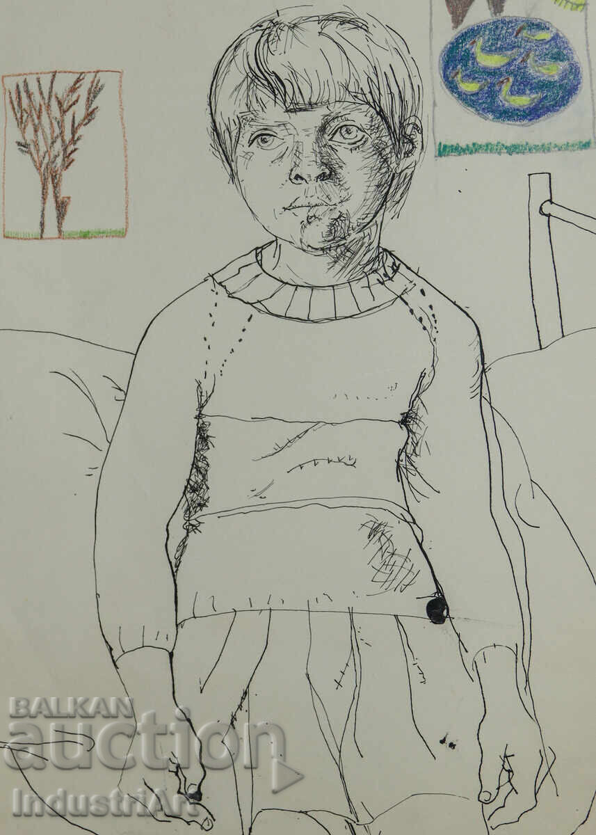 Рисунка туш портрет на дете 1970 г. с цена 120.00 лв. | € 61.36