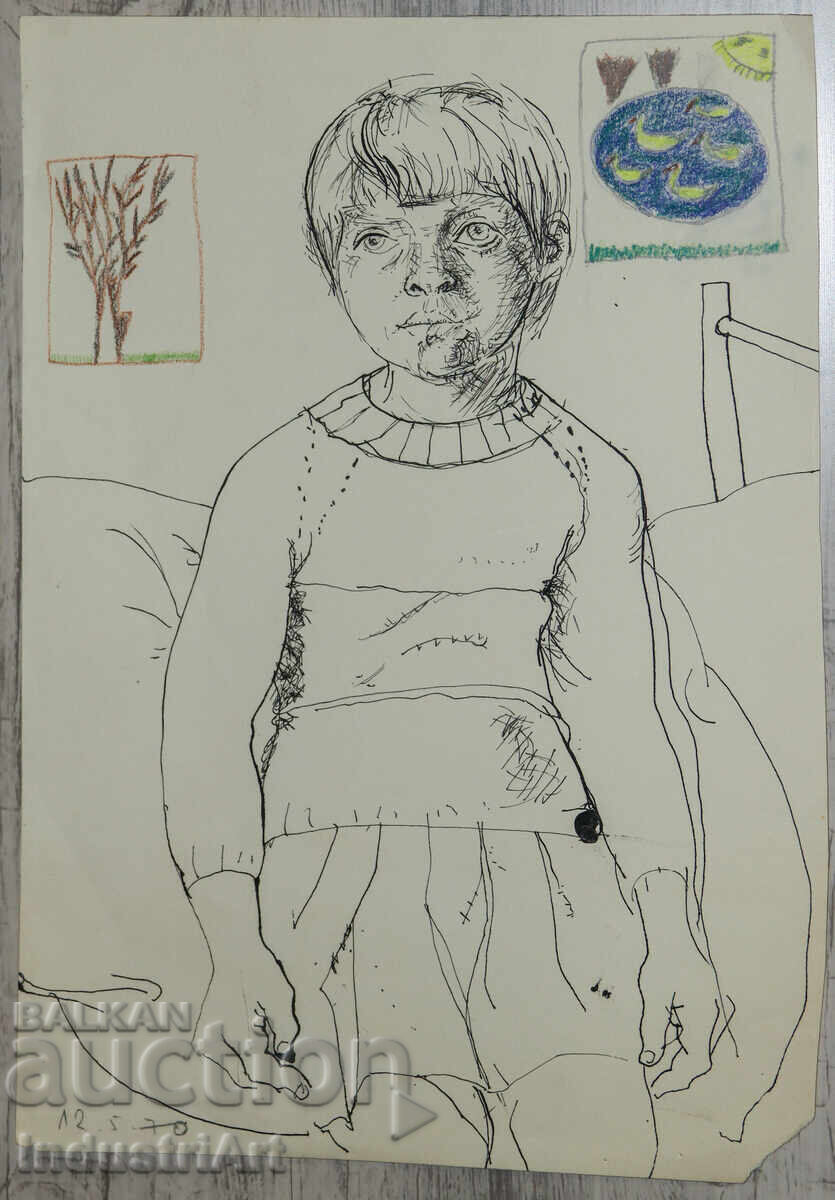Аукцион Рисунка туш портрет на дете 1970 г.