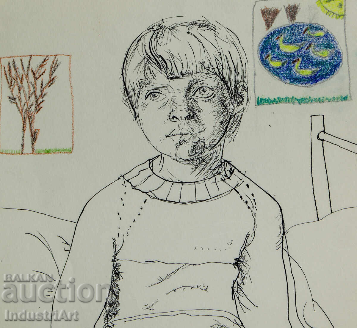 Доставка на Рисунка туш портрет на дете 1970 г.