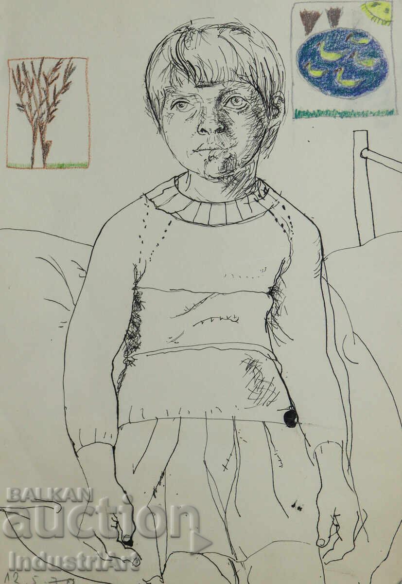 Рисунка туш портрет на дете 1970 г.