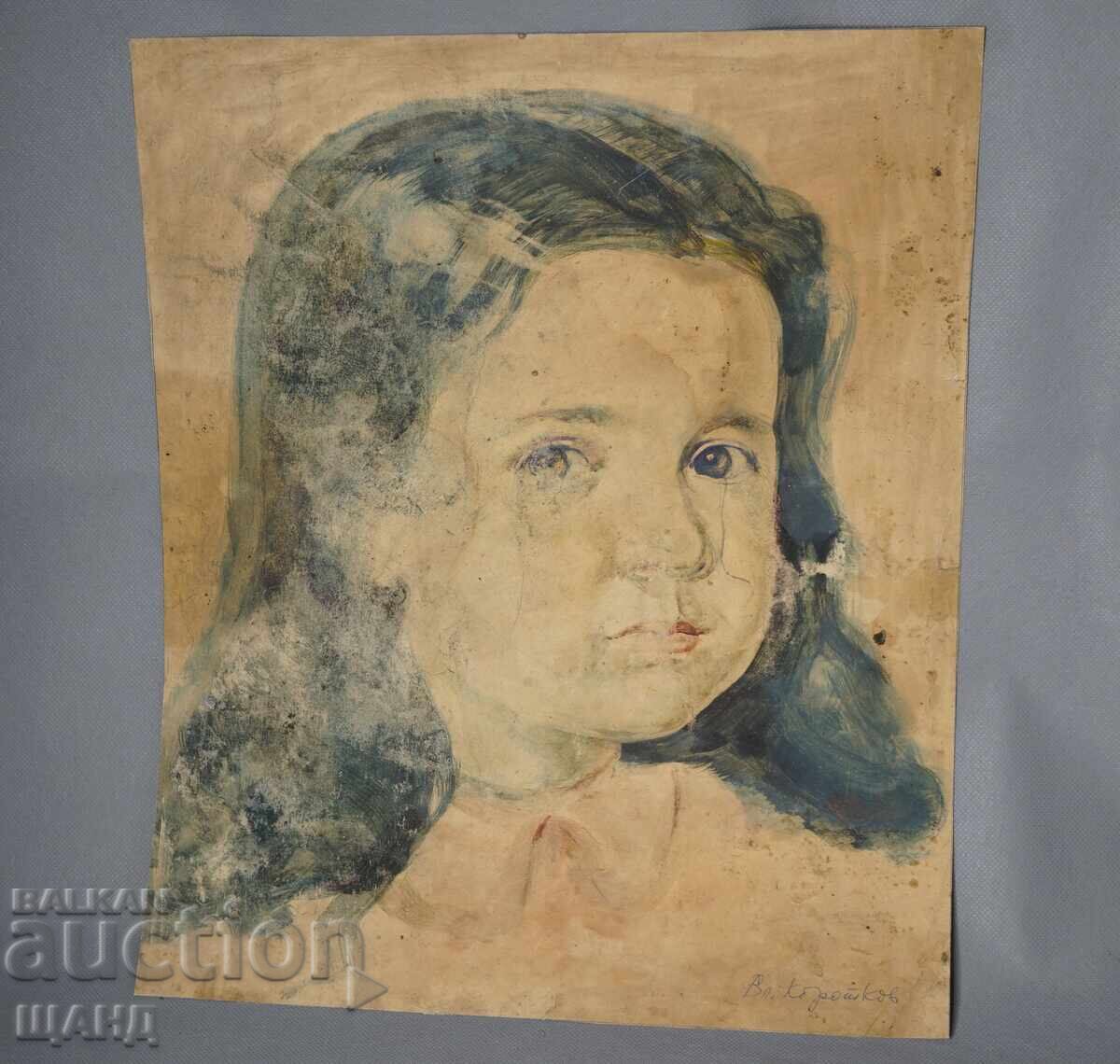 Vladimir Korotkov Pictură veche acuarelă portret de fată Vladimir Korotkov Pictură veche acuarelă portret de fată