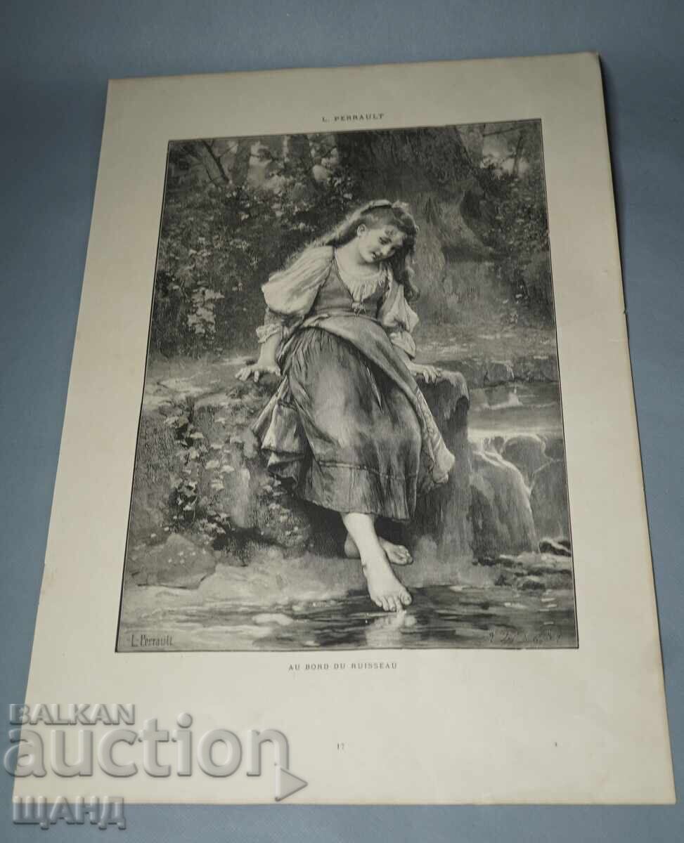 1900 Litografie de maestru, desen femeie fată 1900 Litografie de maestru, desen femeie fată