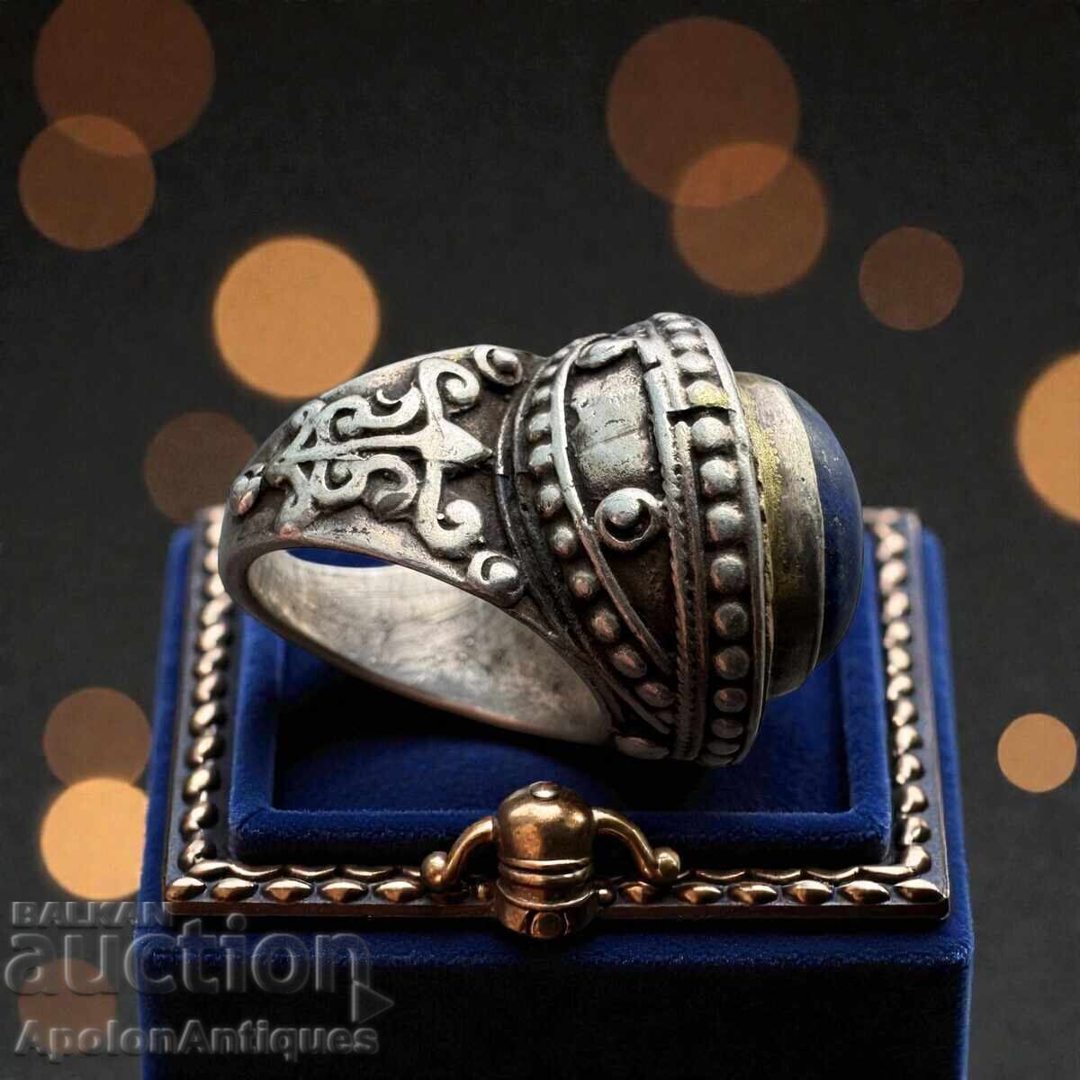 Ασημένιο δαχτυλίδι αντίκα με μεγάλο λάπις λάζουλι και επιχρύσωση - BRC - 5 Ασημένιο δαχτυλίδι αντίκα με μεγάλο λάπις λάζουλι και επιχρύσωση - BRC - 5