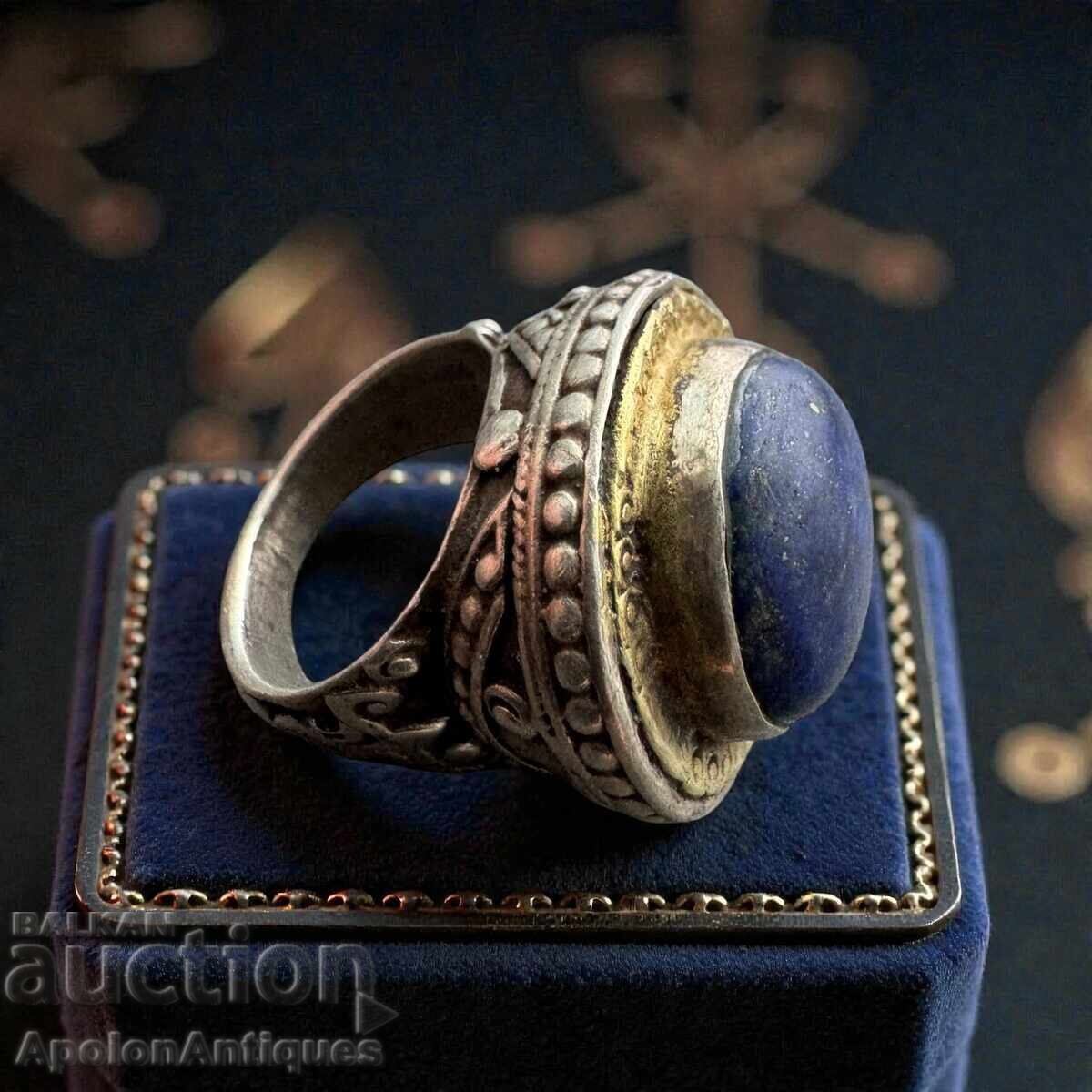 Ασημένιο δαχτυλίδι αντίκα με μεγάλο λάπις λάζουλι και επιχρύσωση - BRC Ασημένιο δαχτυλίδι αντίκα με μεγάλο λάπις λάζουλι και επιχρύσωση - BRC