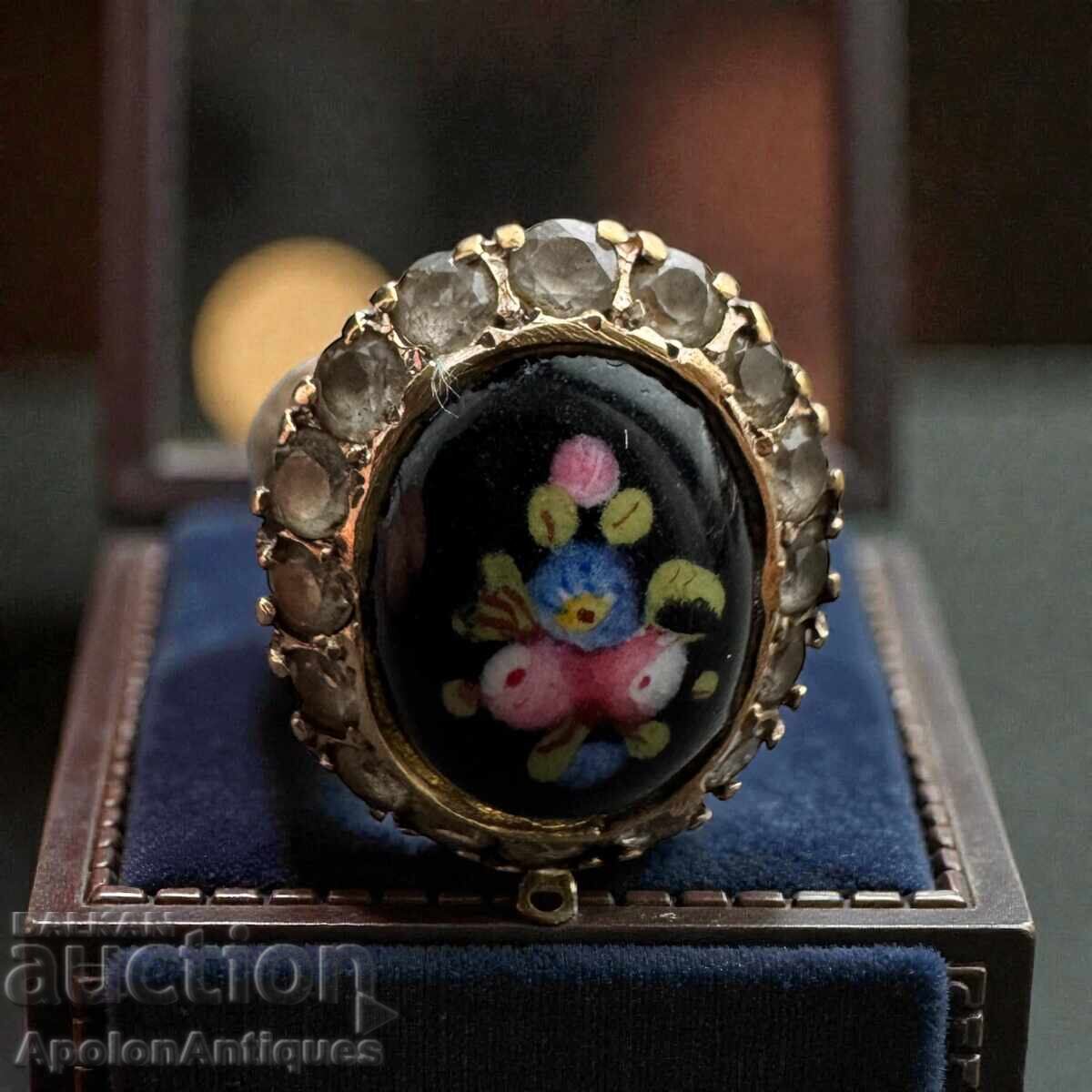 Χρυσό ιταλικό δαχτυλίδι με γυάλινο μωσαϊκό και ζιργκόν