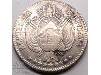 Боливия 1865 1 боливиано 24,85г сребро - крайне рядка