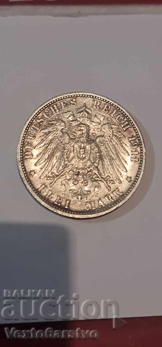 Coin - 3 Mark 1911 - Germany - BZTs with price 1.50 BGN | € 0.77 Coin - 3 Mark 1911 - Germany - BZTs with price 1.50 BGN | € 0.77