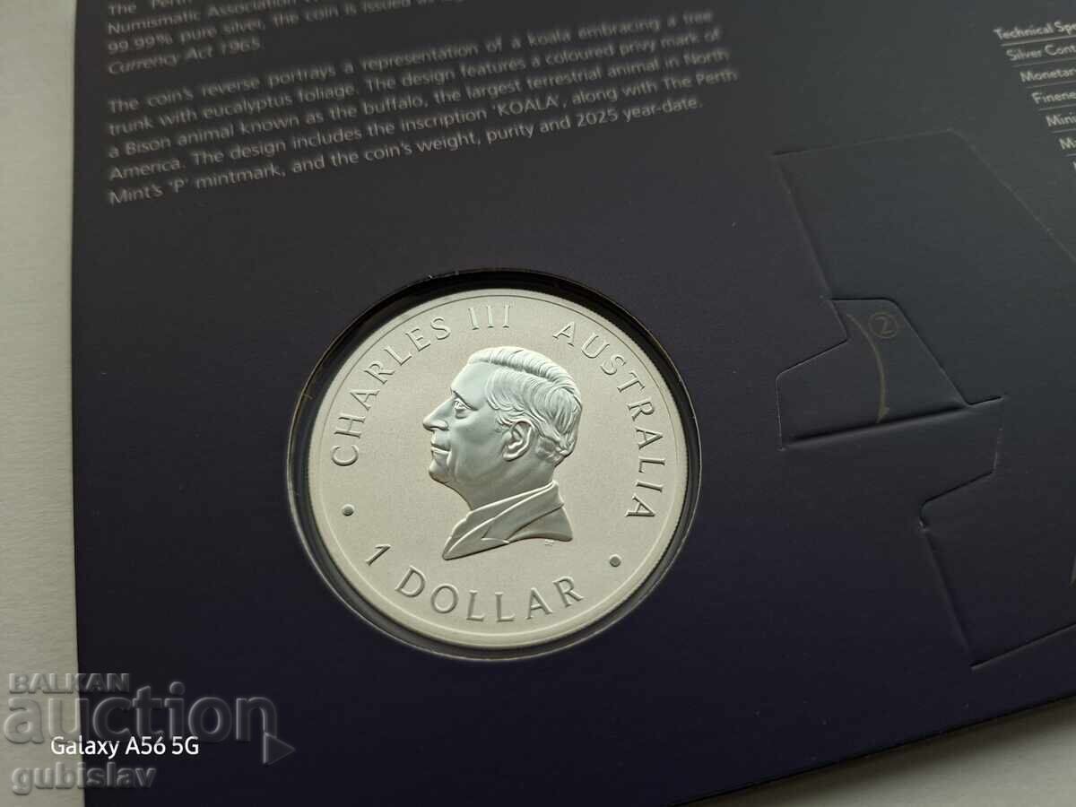 Доставка на Сребърна монета 1 oz., Австралийска коала/бизон, 2025 г. Доставка на Сребърна монета 1 oz., Австралийска коала/бизон, 2025 г.