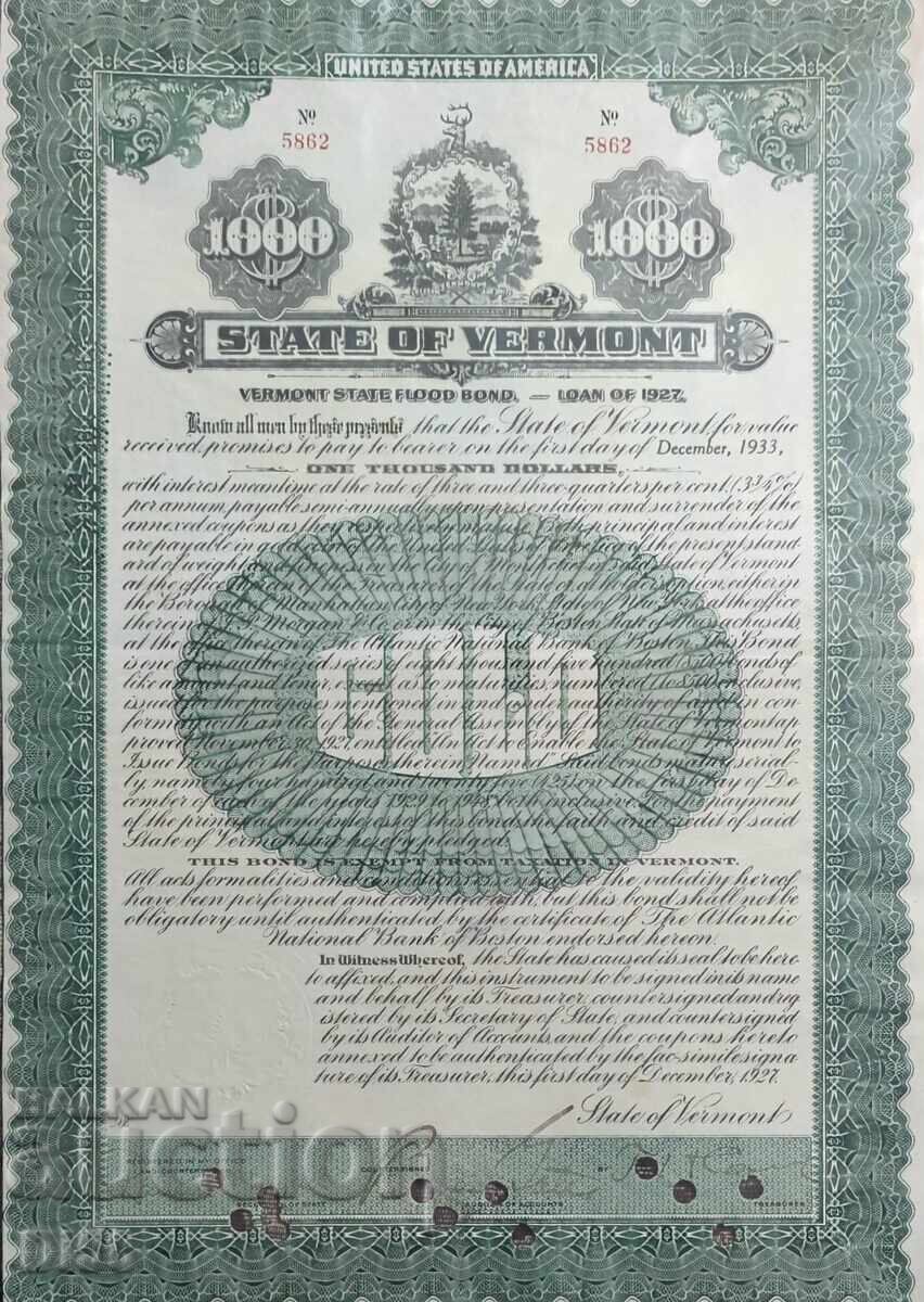 Obligațiune 1000 Dolari Statul Vermont 1927