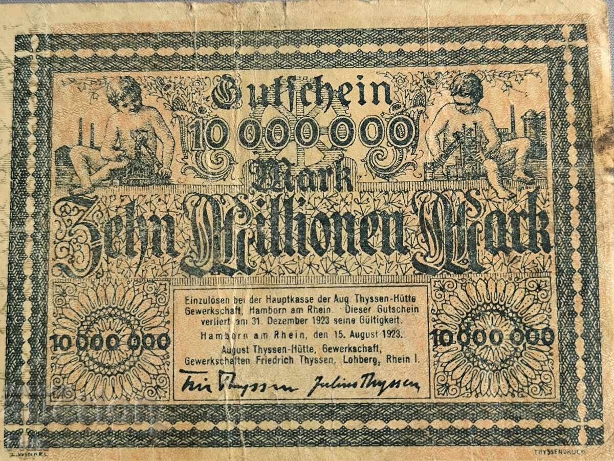 Bancnotă - Germania - 10000000 mărci Thyssen-Hütte | 1923 cu preț 37.00 BGN | € 18.92