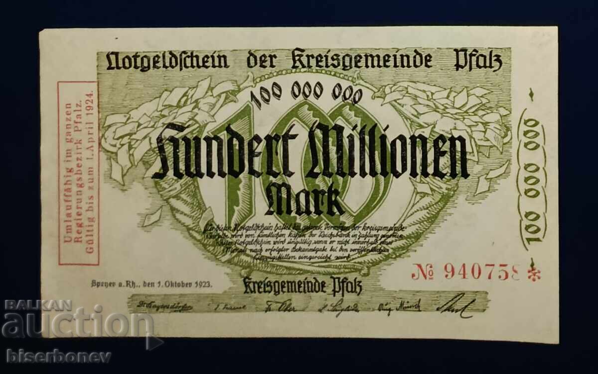 Germany, Germany, 100 Million Mark Pfalz, 1923, aUNC Germany, Germany, 100 Million Mark Pfalz, 1923, aUNC