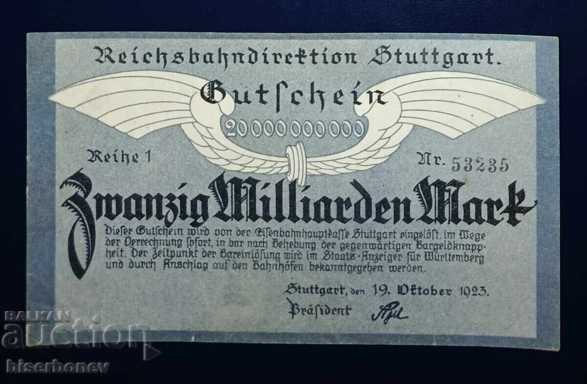 Germany, Germany, 20 Billion Marks Stuttgart, 1923, VF Germany, Germany, 20 Billion Marks Stuttgart, 1923, VF