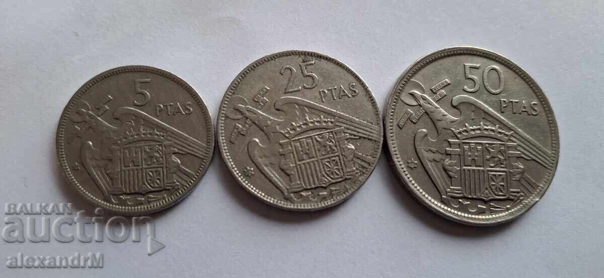 5, 25, 50 pesetas 1957 Spain