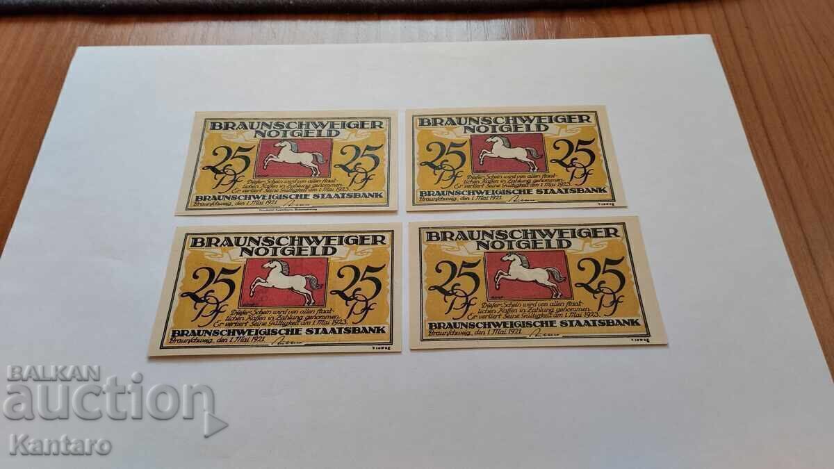 Τραπεζογραμμάτιο - ΓΕΡΜΑΝΙΑ -25 Pfennig-1921- Braunschweig-4 τεμ με τιμή 8.00 BGN | € 4.09 Τραπεζογραμμάτιο - ΓΕΡΜΑΝΙΑ -25 Pfennig-1921- Braunschweig-4 τεμ με τιμή 8.00 BGN | € 4.09