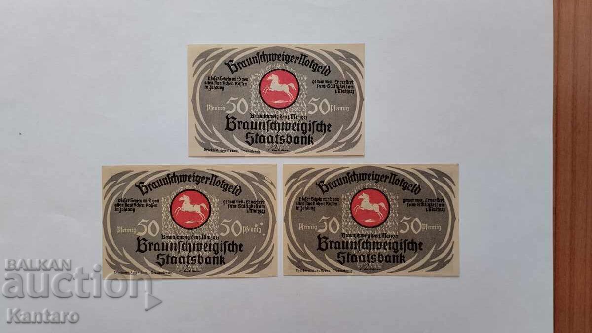 Банкнота - ГЕРМАНИЯ -50 пфенига-1921 г.- Брауншвайг-3 бр.UNC Банкнота - ГЕРМАНИЯ -50 пфенига-1921 г.- Брауншвайг-3 бр.UNC