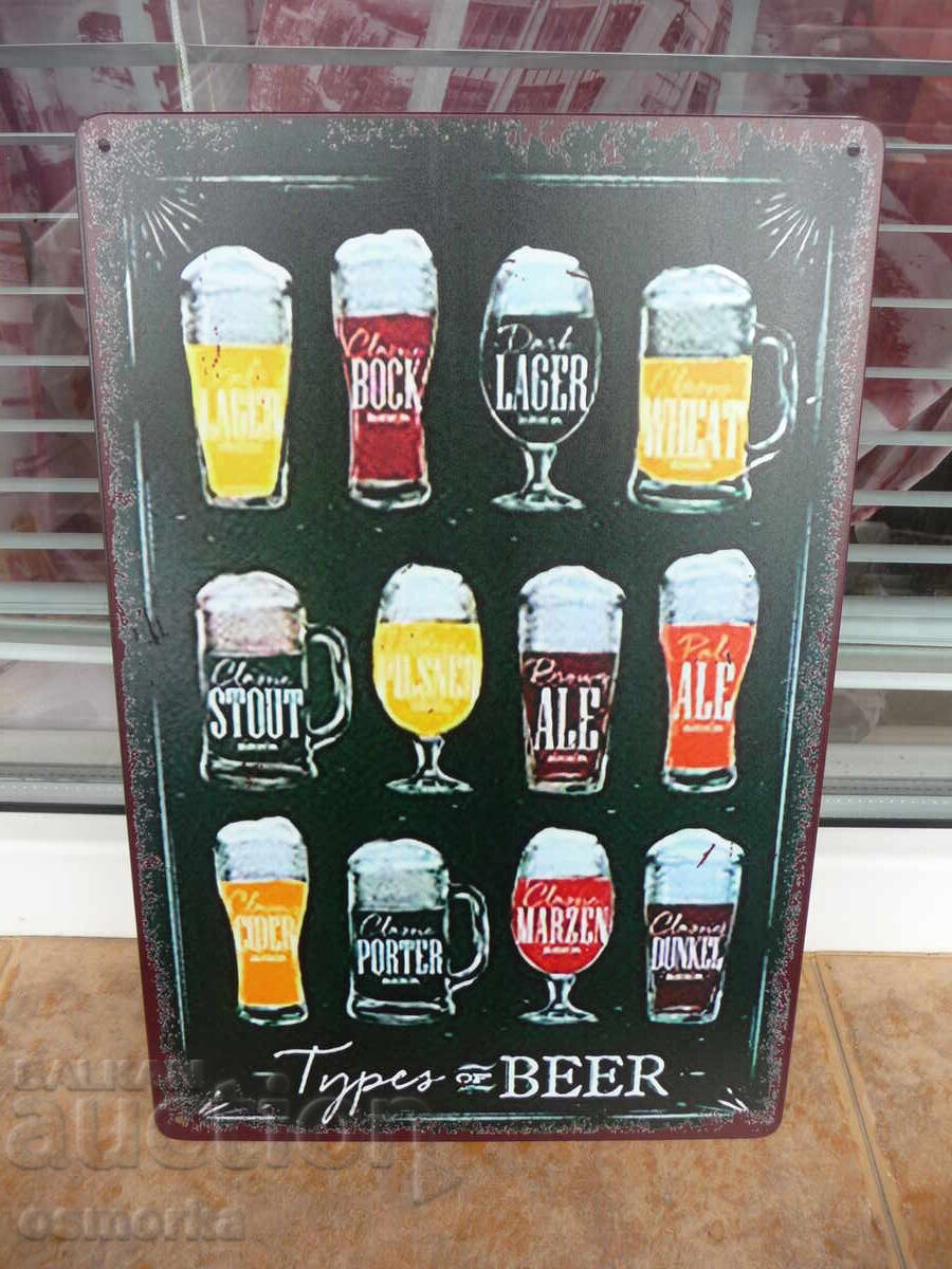 Placă metalică Tipuri de bere în pahare halbe blondă brună roșie Placă metalică Tipuri de bere în pahare halbe blondă brună roșie