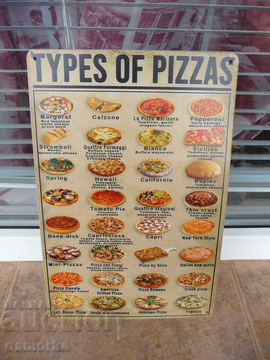 Μεταλλική πινακίδα φαγητού Είδη πίτσας Μαργαρίτα Καλτσόνε Πιπερόνι Μεταλλική πινακίδα φαγητού Είδη πίτσας Μαργαρίτα Καλτσόνε Πιπερόνι