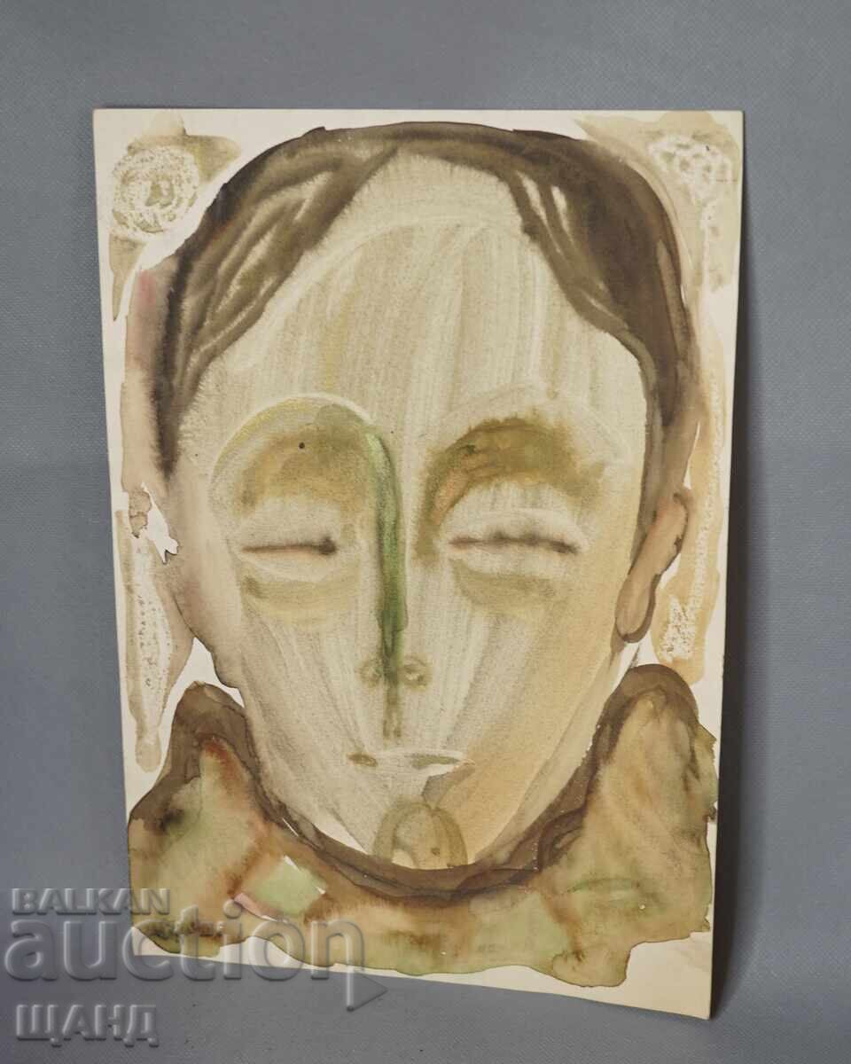 Pictură veche de maestru, acuarelă, portret, față Pictură veche de maestru, acuarelă, portret, față