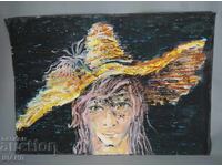 Стара Майсторска Рисунка картина портрет жена с шапка