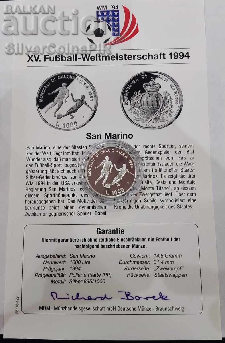 Livrarea Argint 1000 Lire Fotbal Mondial 1994 San Marino Livrarea Argint 1000 Lire Fotbal Mondial 1994 San Marino