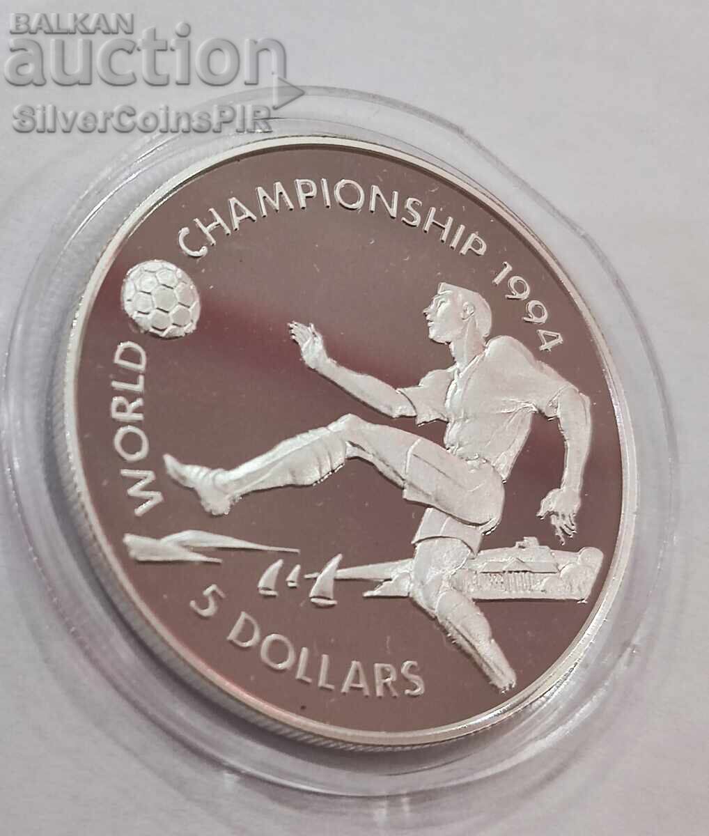 Аукцион Сребро 5 Долара Световно по Футбол 1993 Бахами Аукцион Сребро 5 Долара Световно по Футбол 1993 Бахами