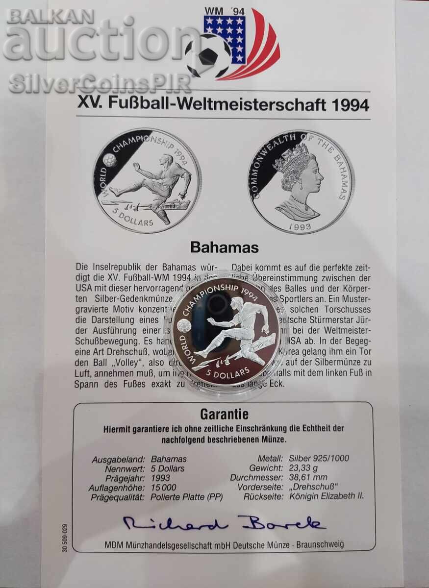 Доставка на Сребро 5 Долара Световно по Футбол 1993 Бахами Доставка на Сребро 5 Долара Световно по Футбол 1993 Бахами