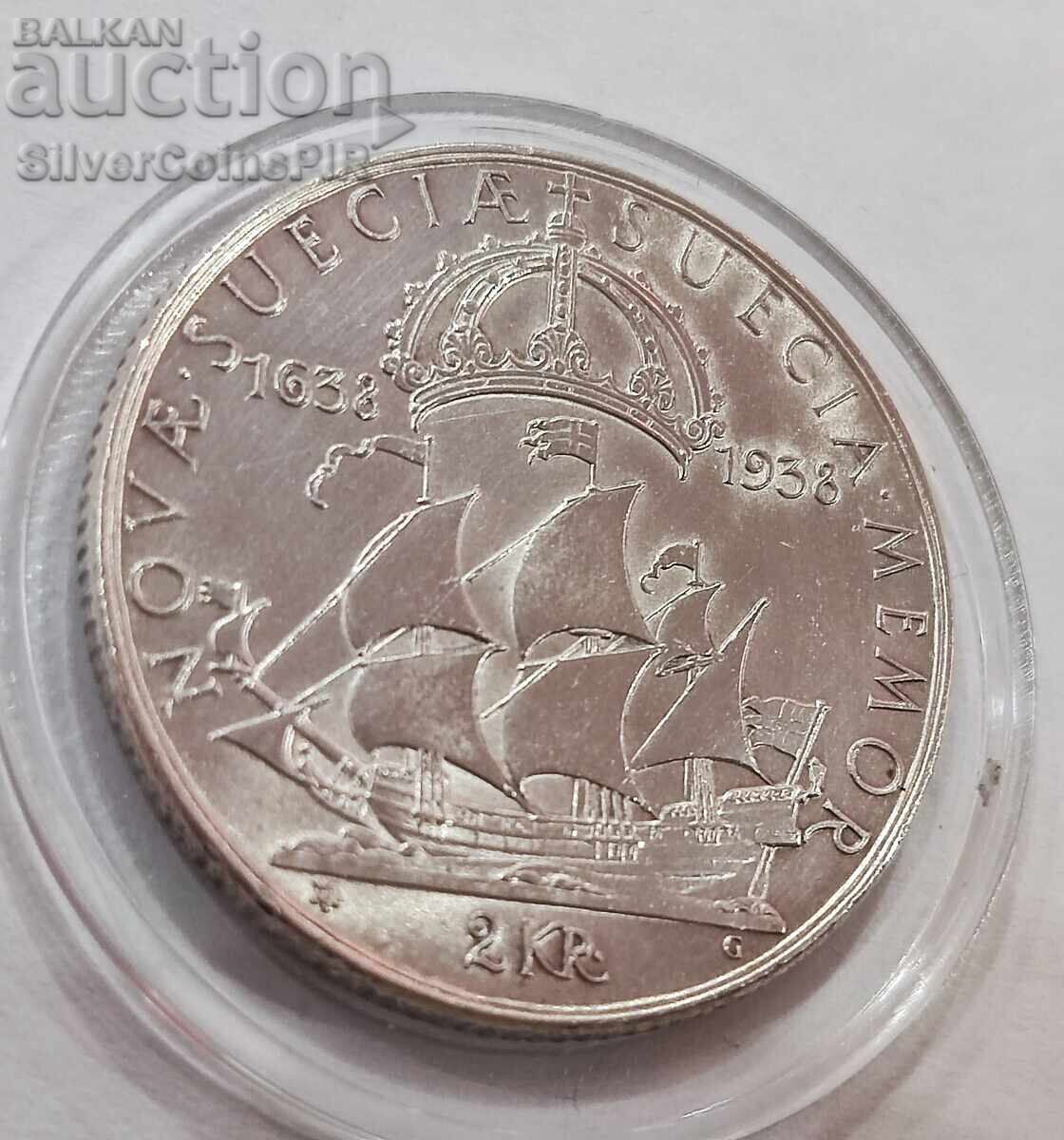 Аукцион Сребро 2 Крони 1938г. 300г От Заселването на Деуауеар Швеция Аукцион Сребро 2 Крони 1938г. 300г От Заселването на Деуауеар Швеция