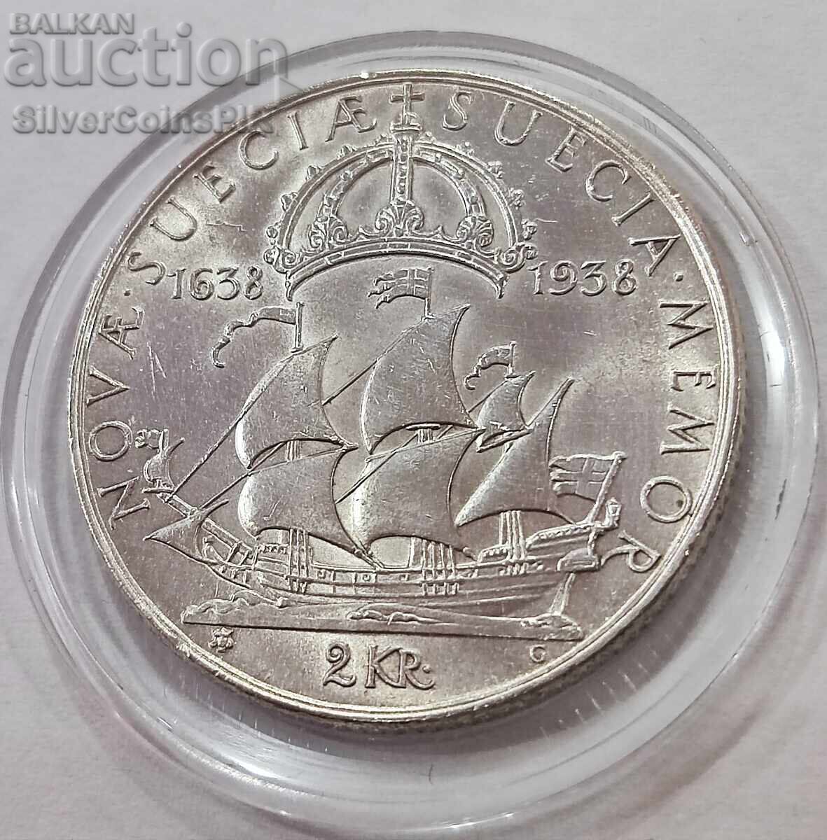 Сребро 2 Крони 1938г. 300г От Заселването на Деуауеар Швеция Сребро 2 Крони 1938г. 300г От Заселването на Деуауеар Швеция