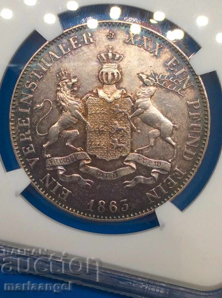 Livrarea Thaler 1863 Germania Württemberg NGC AU Detalii argint Patină Livrarea Thaler 1863 Germania Württemberg NGC AU Detalii argint Patină