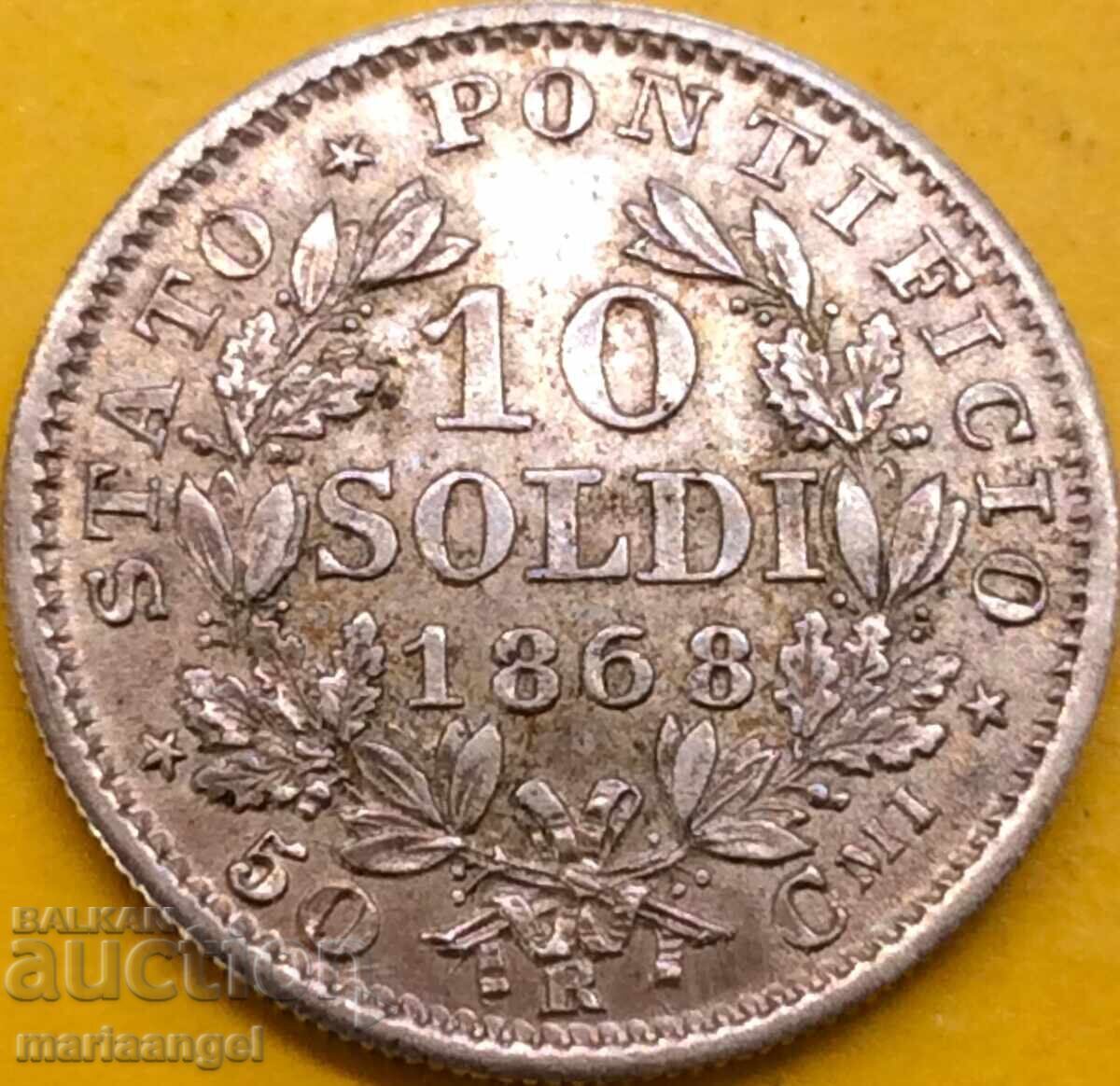 10 солди 1868 Ватикан Пий VI ано XXIII UNC сребро Патина с цена 65.00 лв. | € 33.23 10 солди 1868 Ватикан Пий VI ано XXIII UNC сребро Патина с цена 65.00 лв. | € 33.23