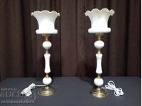 Set două lămpi de marmură cu abajur de sticlă albă