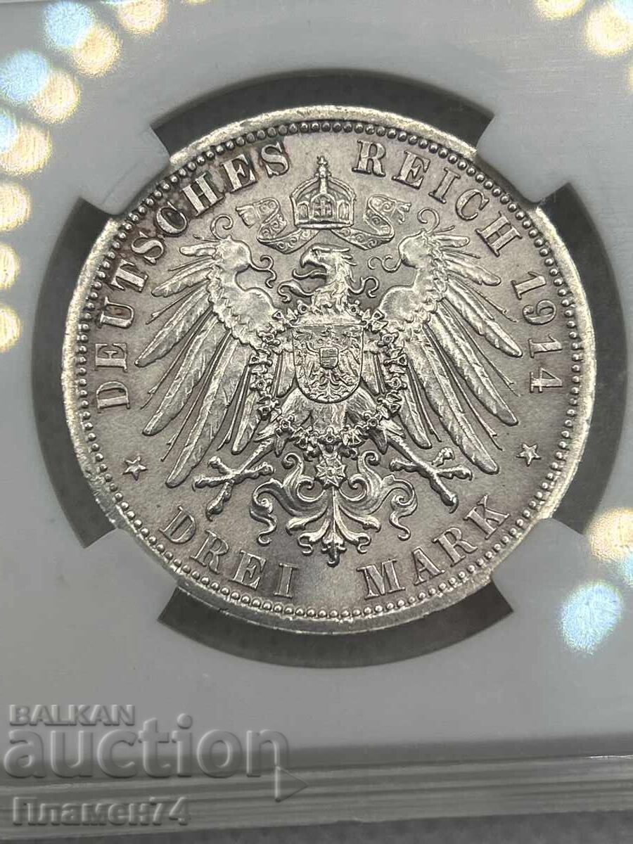 3 марки 1914г MS62 Германска Империя Прусия - 5 3 марки 1914г MS62 Германска Империя Прусия - 5