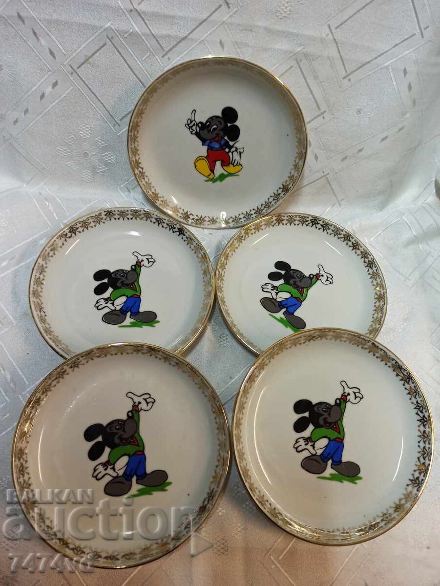 5 Български детски порцеланови чинии с Мики Маус и позлата 5 Български детски порцеланови чинии с Мики Маус и позлата