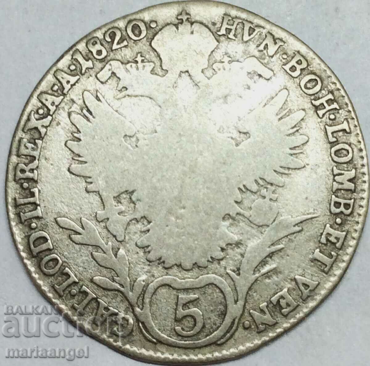 Austria 5 Kreuzer 1820 A - Viena Francis argint - rar cu preț € 14.32 | 28.01 BGN Austria 5 Kreuzer 1820 A - Viena Francis argint - rar cu preț € 14.32 | 28.01 BGN