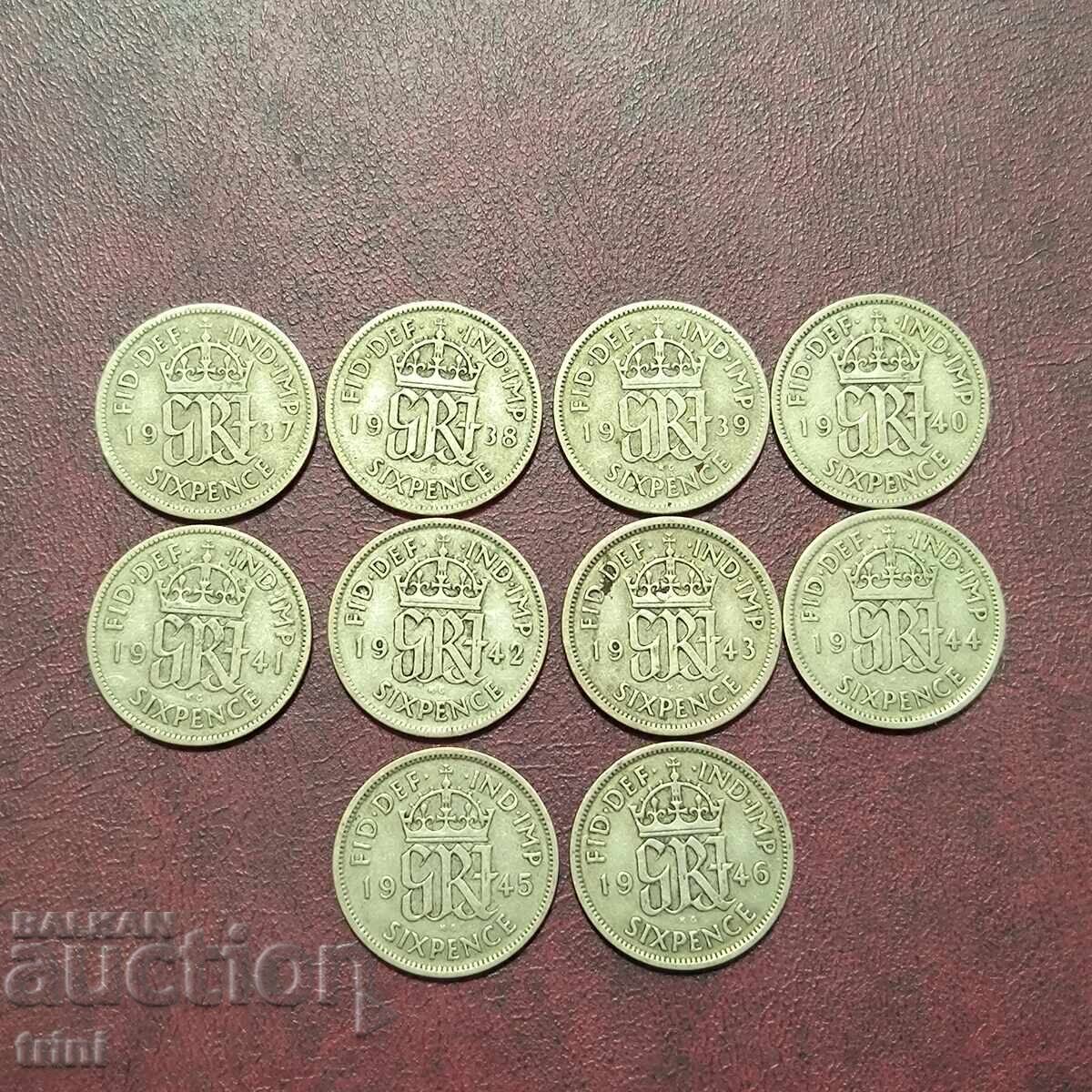 Marea Britanie serie completă 6 pence 1937 - 1946 George VI Marea Britanie serie completă 6 pence 1937 - 1946 George VI