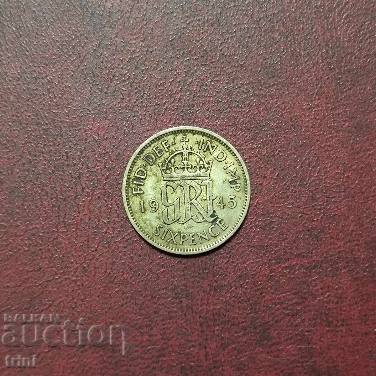 Великобритания 6 пенса 1945 г. Джордж VI Великобритания 6 пенса 1945 г. Джордж VI