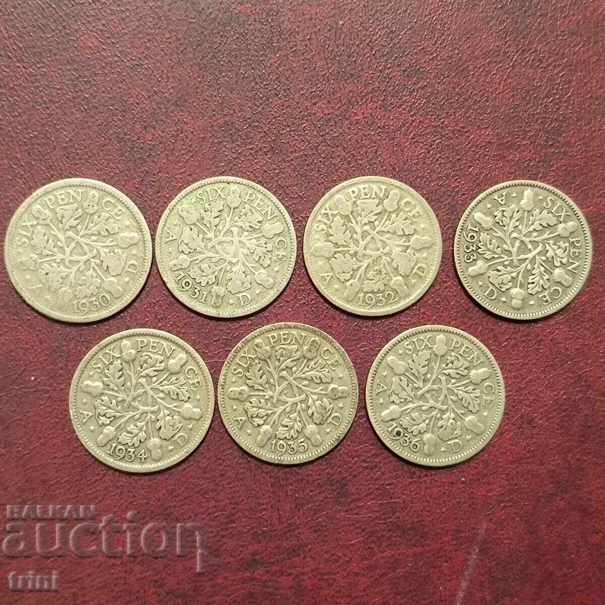 Marea Britanie seria 6 pence 1930 - 1936 g. George V cu preț 70.00 BGN | € 35.79 Marea Britanie seria 6 pence 1930 - 1936 g. George V cu preț 70.00 BGN | € 35.79