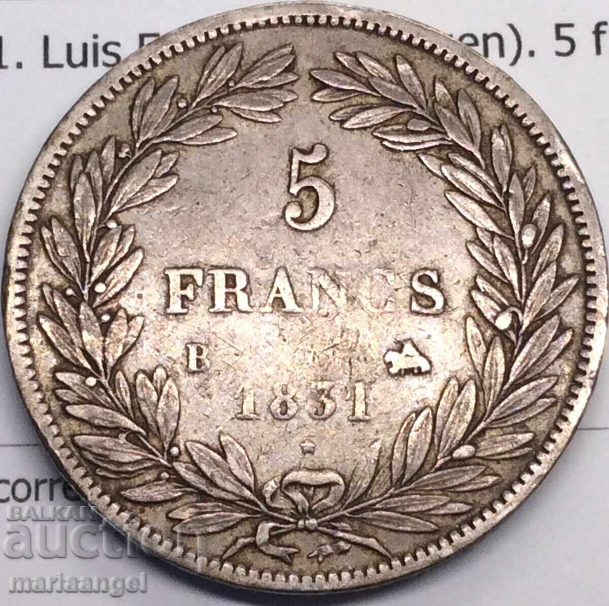 5 Franci 1831 Franța Regele Ludovic Filip I B - Rouen 25.08y Ag cu preț 108.00 BGN | € 55.22 5 Franci 1831 Franța Regele Ludovic Filip I B - Rouen 25.08y Ag cu preț 108.00 BGN | € 55.22